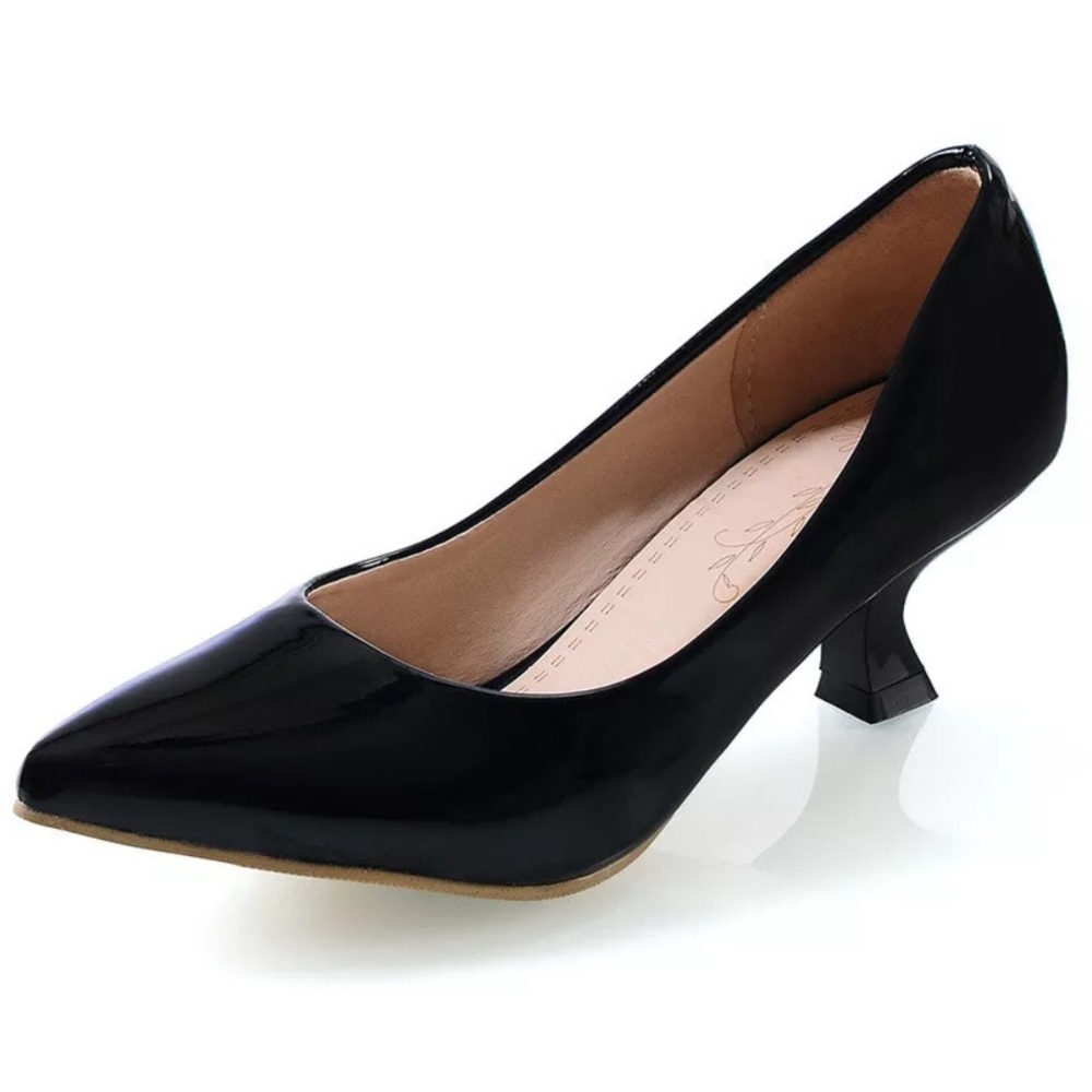 KATLIU Kitten Heels Pointed Toe Faux Leather Shoes Casual Slip On Low Top Pumps